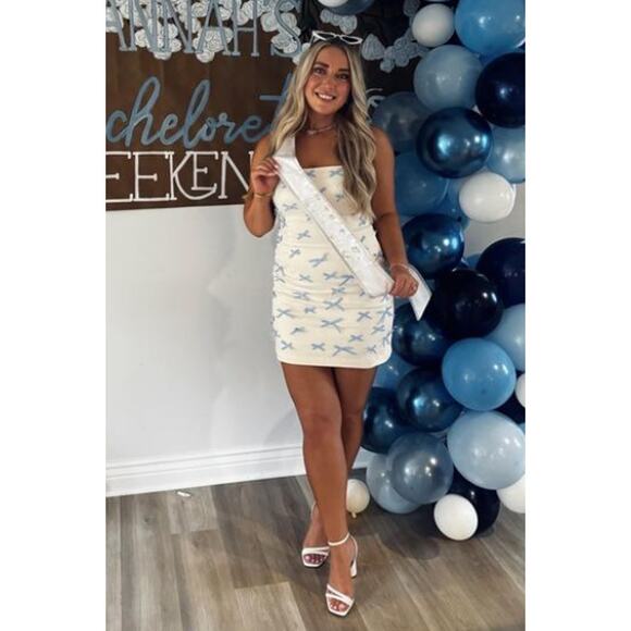 BHLDN Blue Bow Fitted Mini Dress Size 12 NEW - Picture 1 of 11